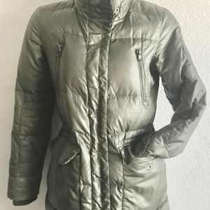 Ralph Lauren olive green down jacket COAT w/ fishtail & SLEEVE EMBLEM EUC! XS S